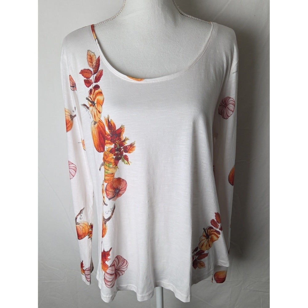 NWT New Direction Long Sleeve White Floral Pumpkin Print Women's Top Sz XL Fall